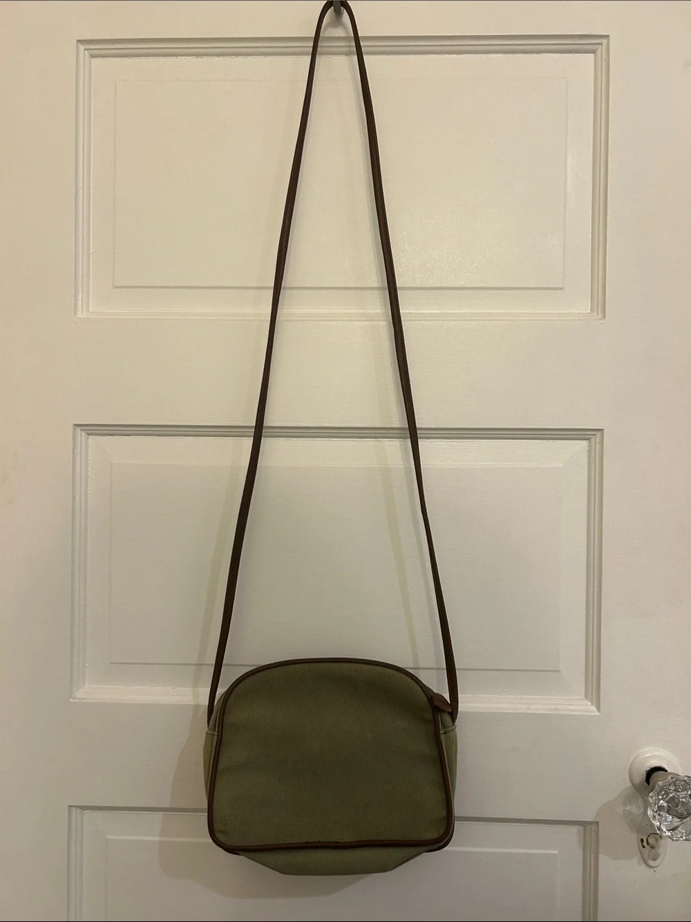 🛍 2/$18 Etienne Aigner Olive Canvas Crossbody with Brown Trim and Brass Plaque